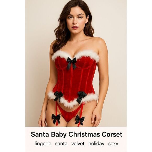 Santa Baby Red Velvet Christmas Holiday Corset with Faux Fur Trim & Bows, OS - Picture 1 of 7